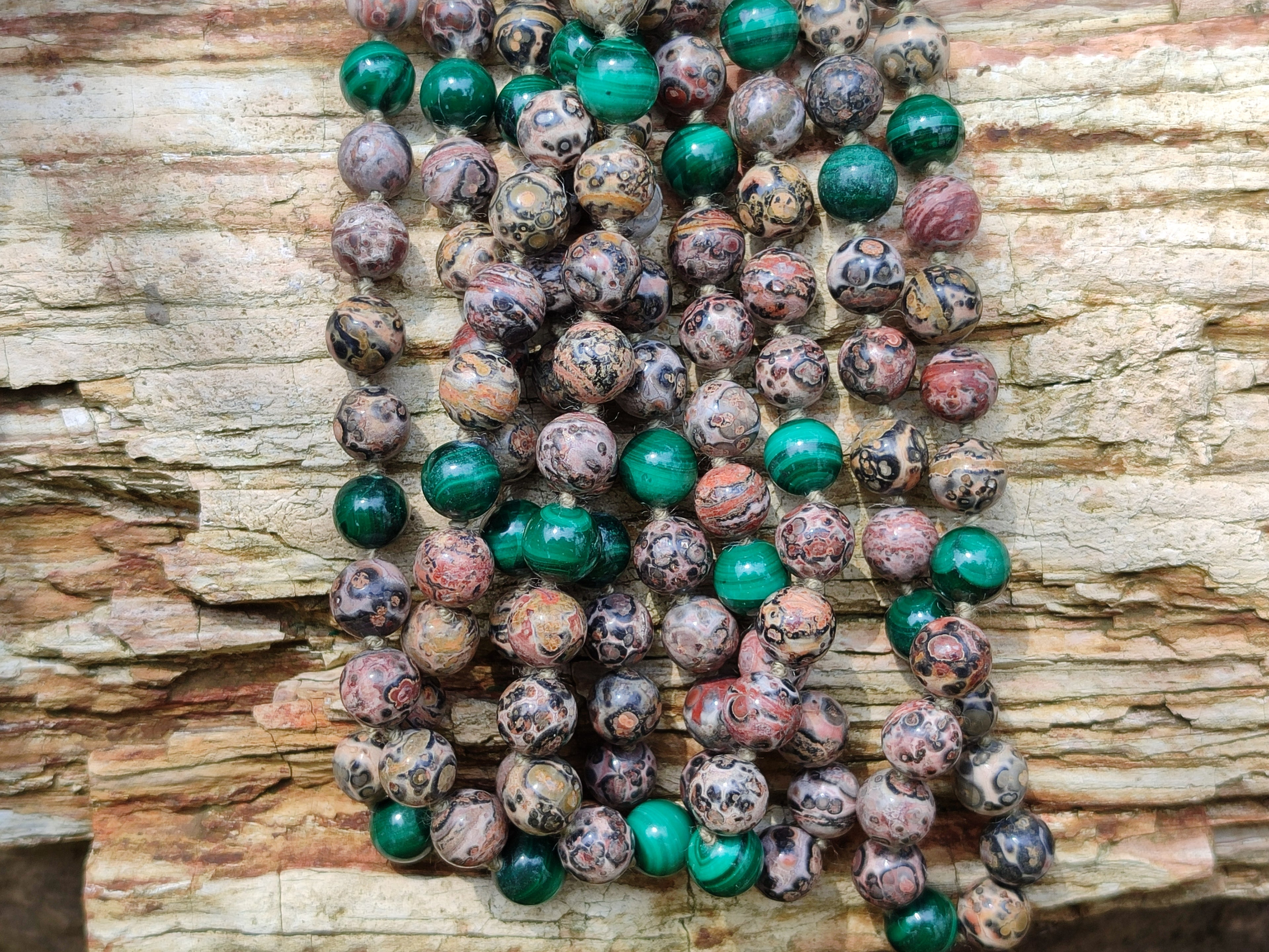 Polished Snakeskin Rhyolite Jasper and Malachite Bead Necklace - Sold per Item- From Australia - Toprock Gemstones and Minerals 