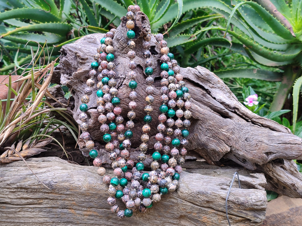 Polished Snakeskin Rhyolite Jasper and Malachite Bead Necklace - Sold per Item- From Australia - Toprock Gemstones and Minerals 