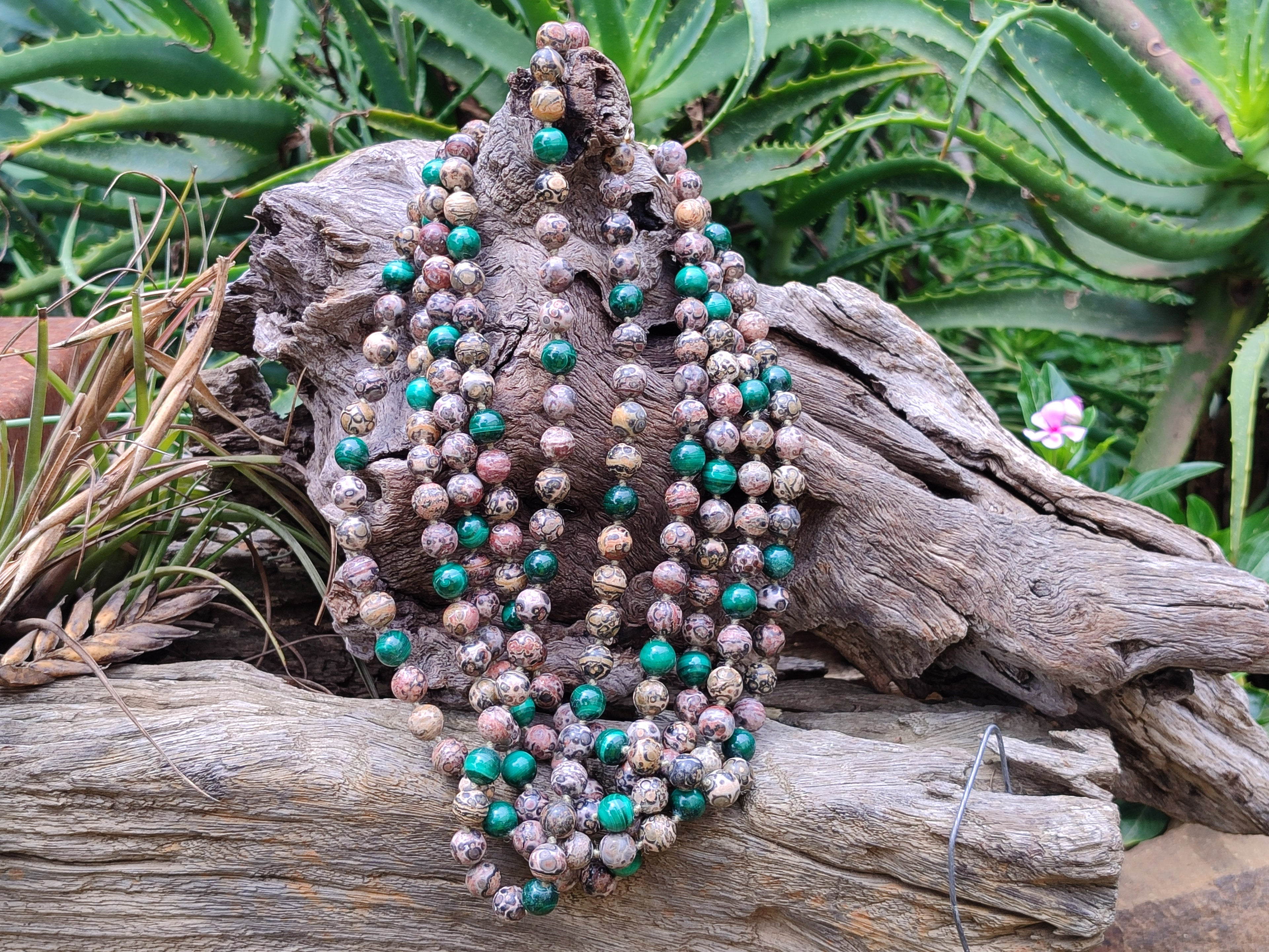Polished Snakeskin Rhyolite Jasper and Malachite Bead Necklace - Sold per Item- From Australia - Toprock Gemstones and Minerals 