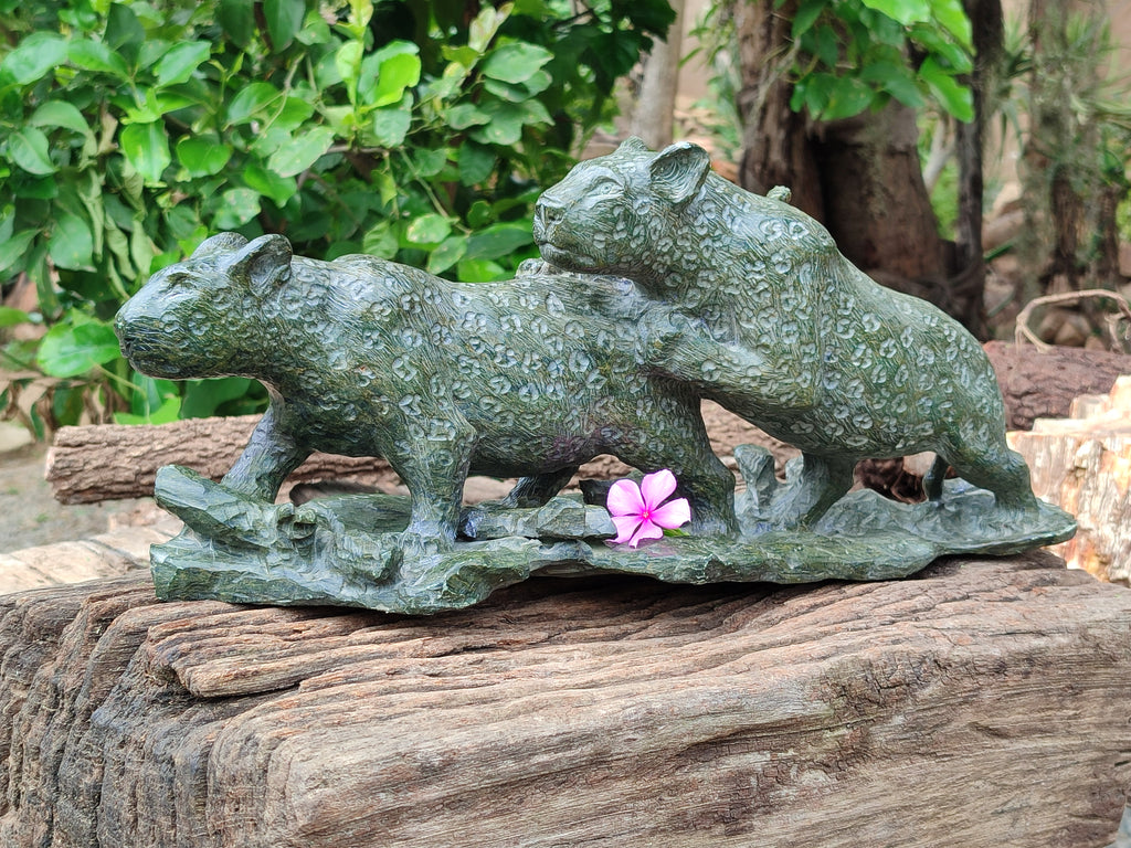 Hand Made Green Verdite Leopard Carving x 1 From Zimbabwe - Toprock Gemstones and Minerals 