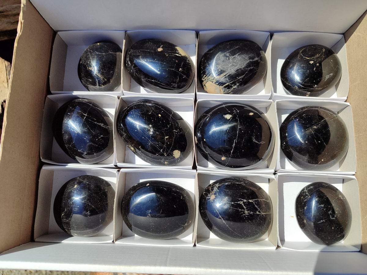 Polished Black Tourmaline Palm Stones x 12 From Madagascar - Toprock Gemstones and Minerals 