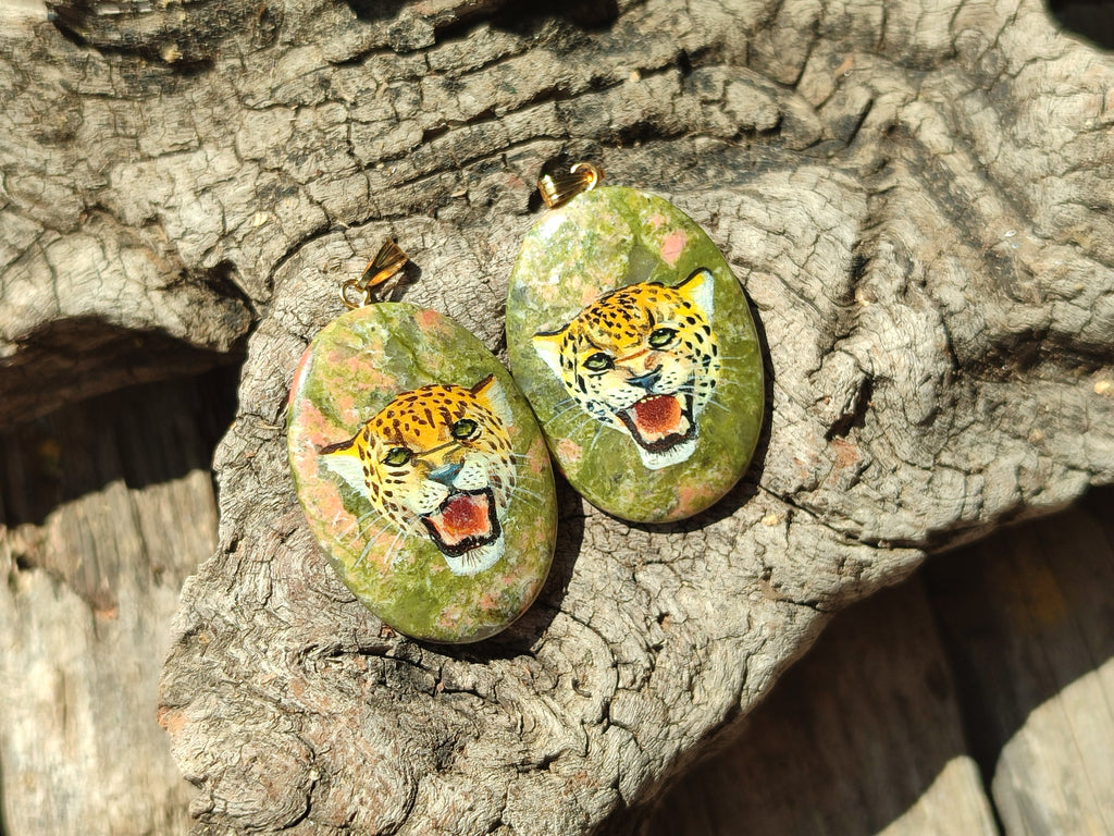 Polished Unakite Pendant with Hand Painted Leopard - Sold Per Item - From South Africa - Toprock Gemstones and Minerals 