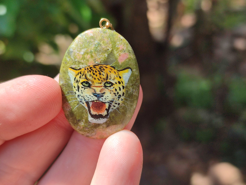 Polished Unakite Pendant with Hand Painted Leopard - Sold Per Item - From South Africa - Toprock Gemstones and Minerals 