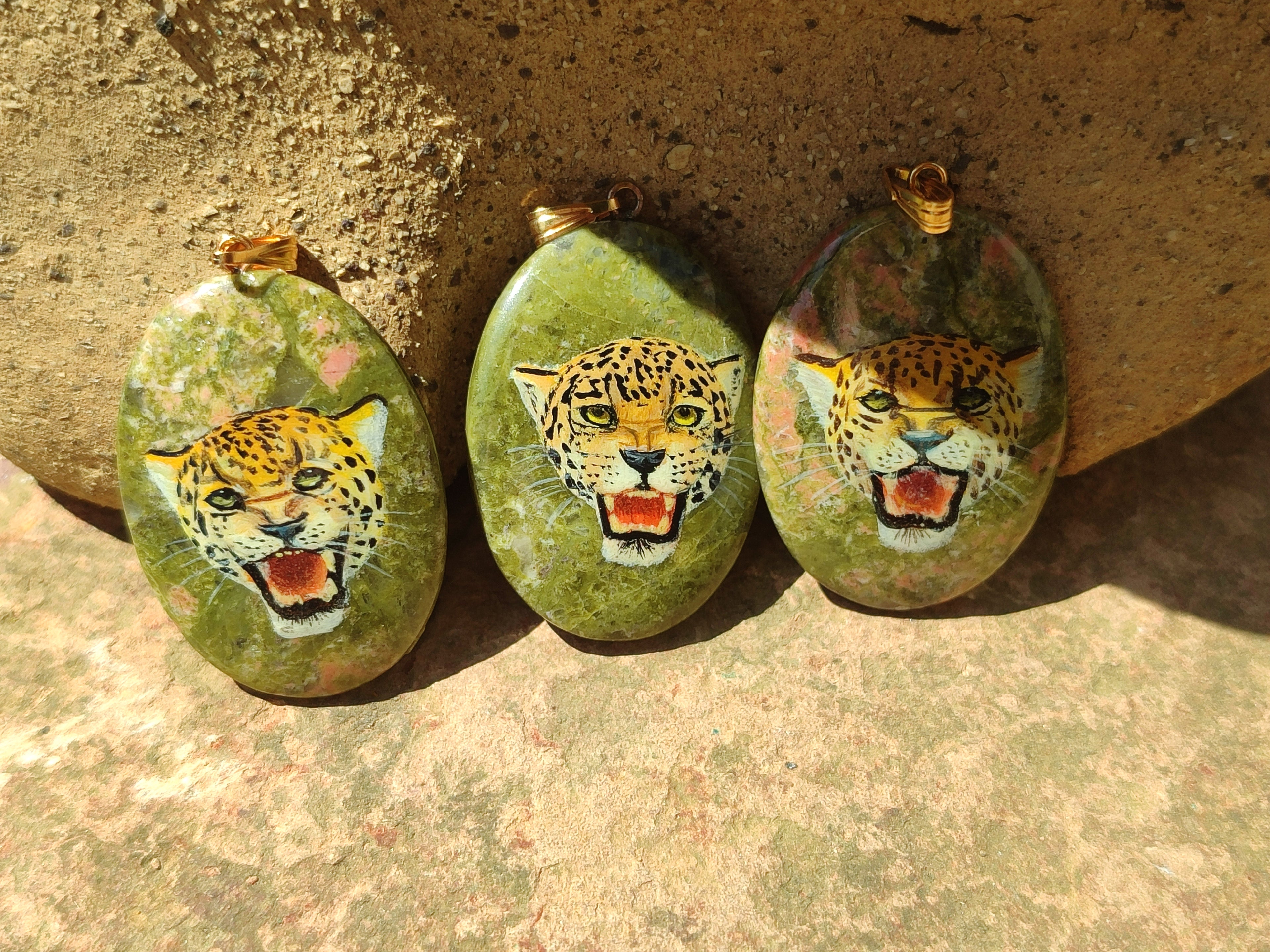 Polished Unakite Pendant with Hand Painted Leopard - Sold Per Item - From South Africa - Toprock Gemstones and Minerals 
