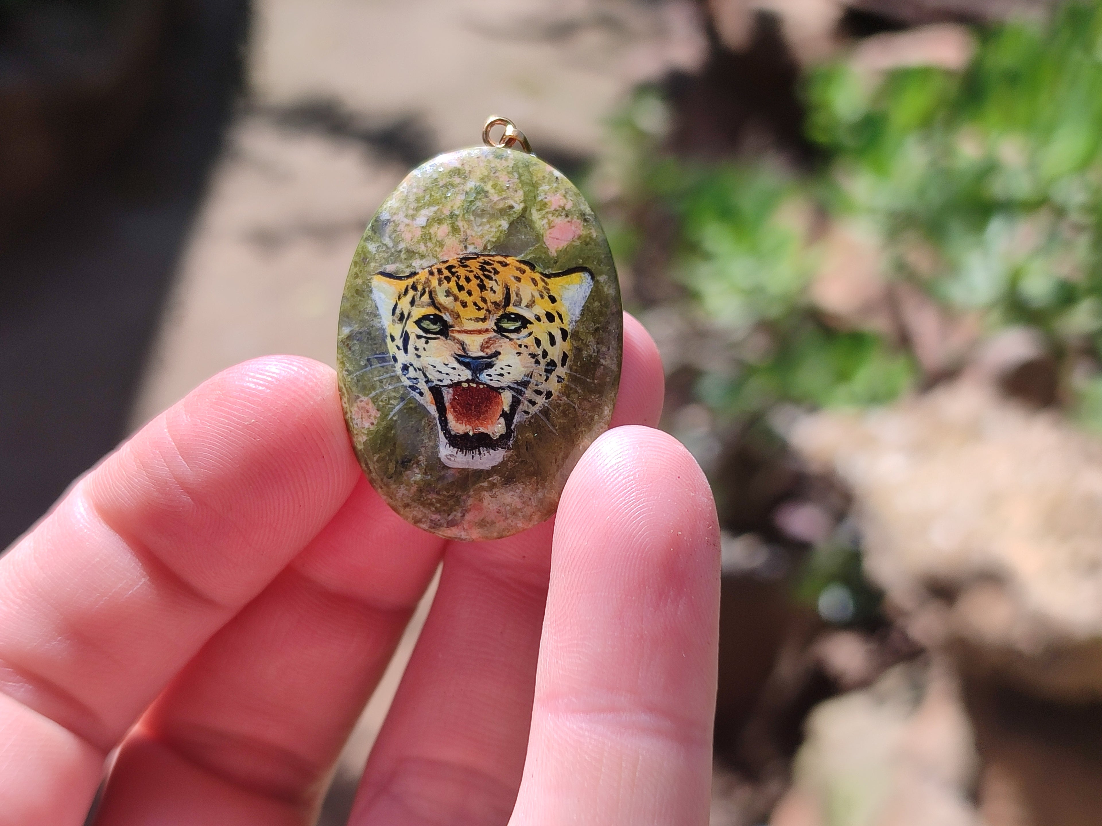 Polished Unakite Pendant with Hand Painted Leopard - Sold Per Item - From South Africa - Toprock Gemstones and Minerals 