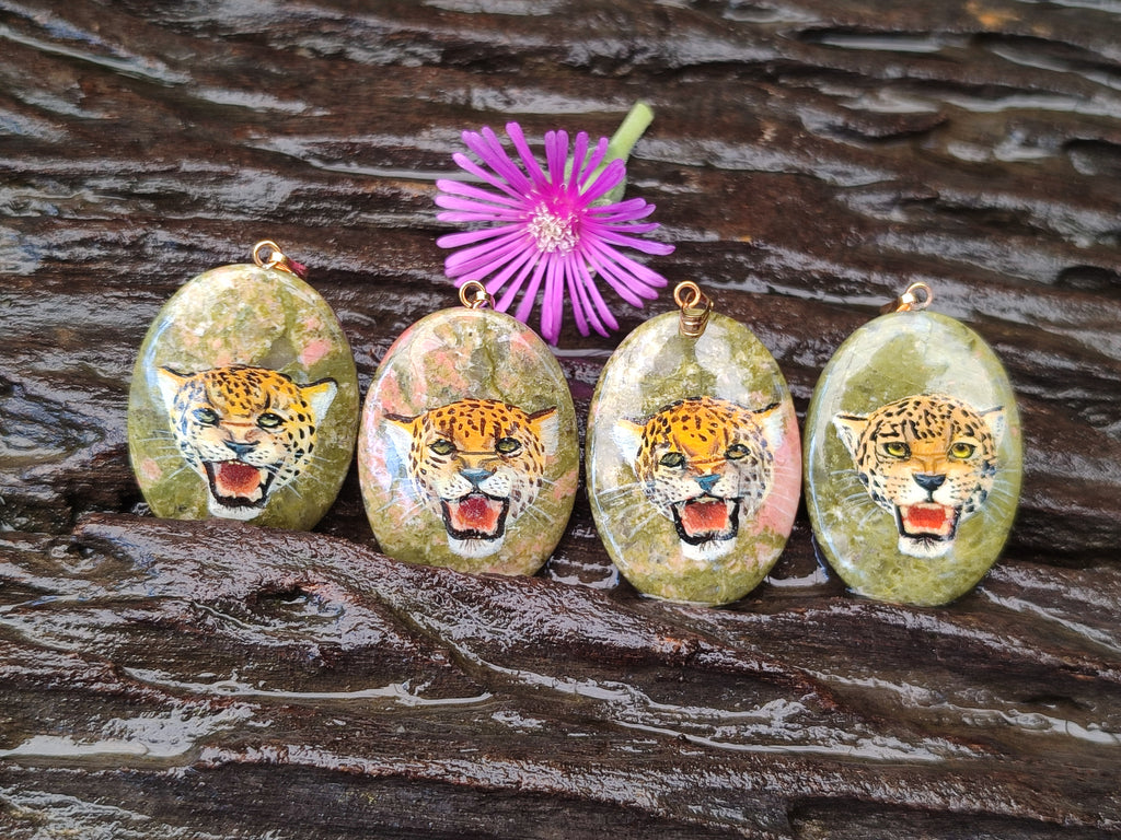 Polished Unakite Pendant with Hand Painted Leopard - Sold Per Item - From South Africa - Toprock Gemstones and Minerals 