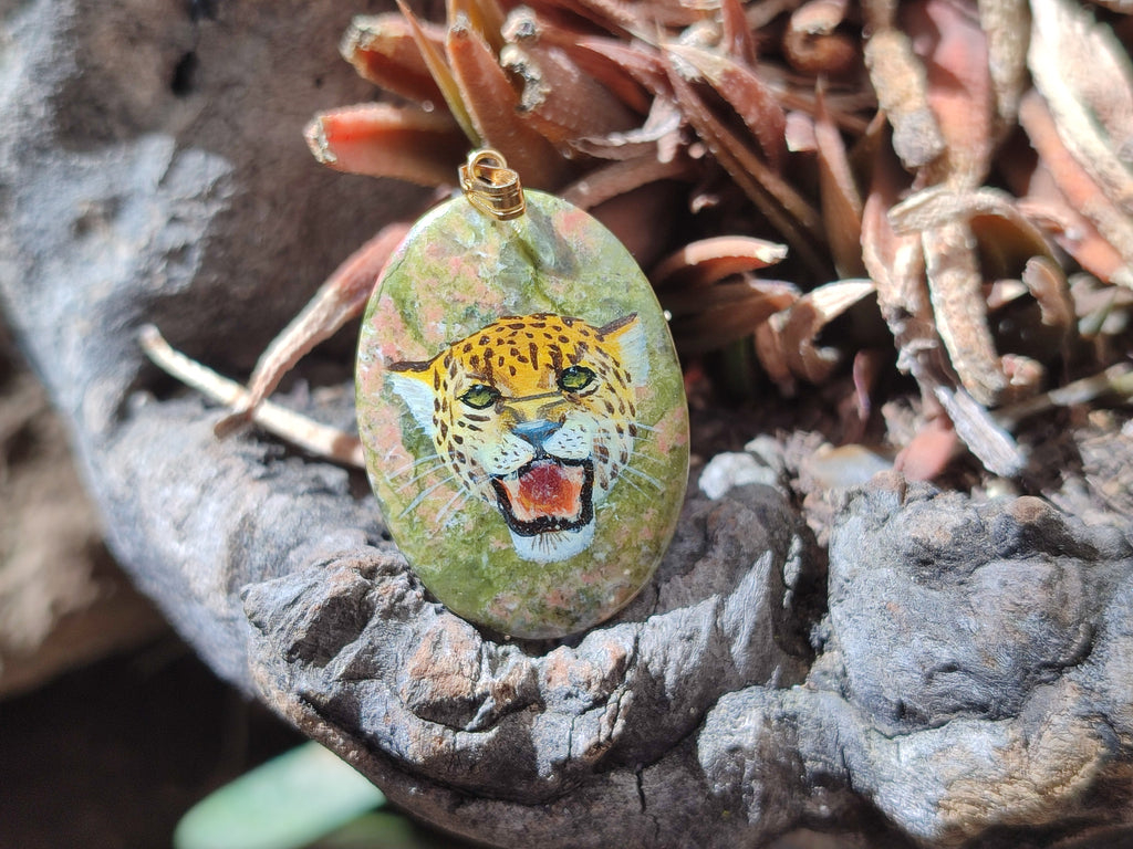 Polished Unakite Pendant with Hand Painted Leopard - Sold Per Item - From South Africa - Toprock Gemstones and Minerals 