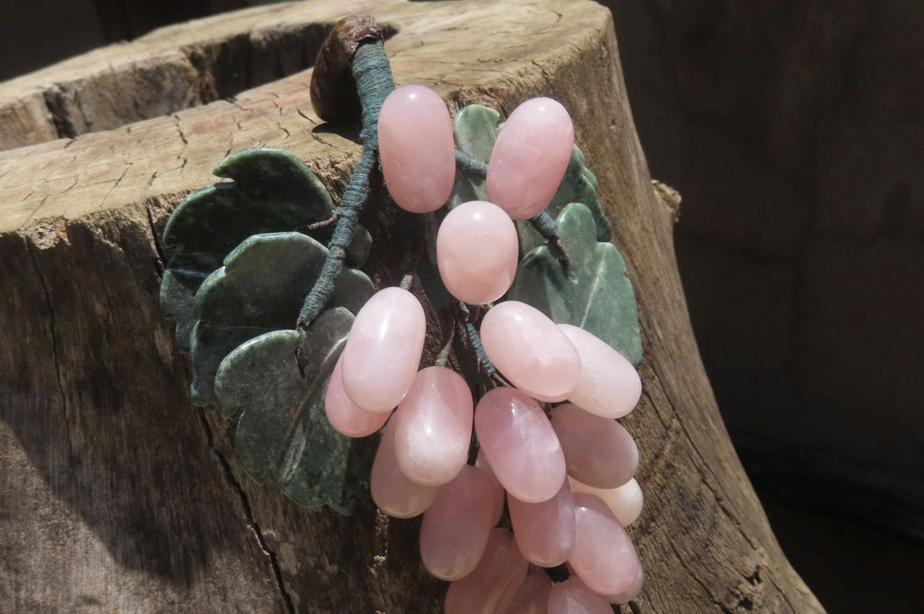 Polished Rose Quartz Hanging Bunch of Grapes with Green Fuchsite Leaves - sold per item - From South Africa - Toprock Gemstones and Minerals 