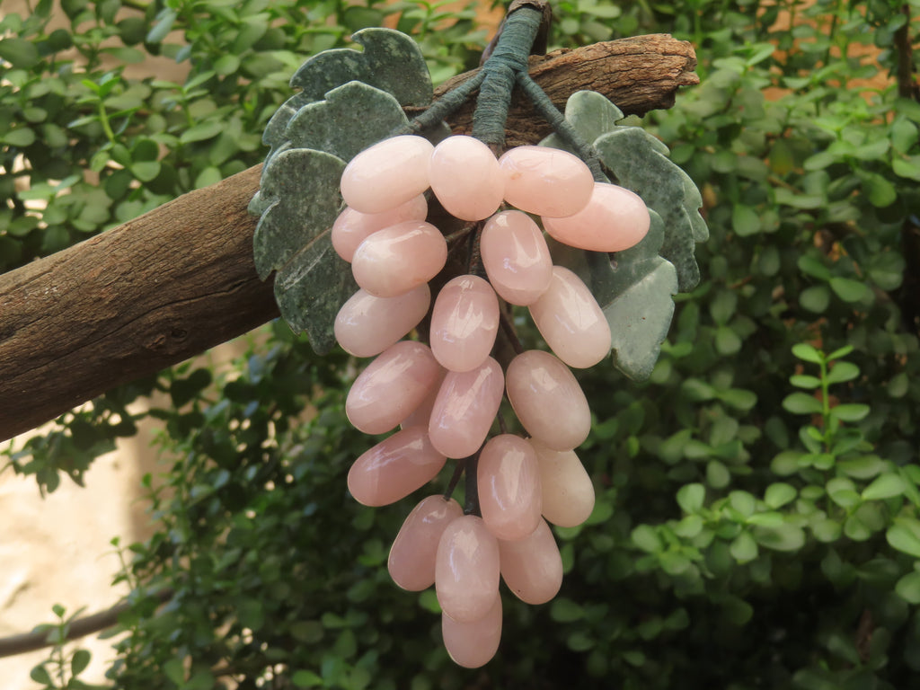 Polished Rose Quartz Hanging Bunch of Grapes with Green Fuchsite Leaves - sold per item - From South Africa - Toprock Gemstones and Minerals 