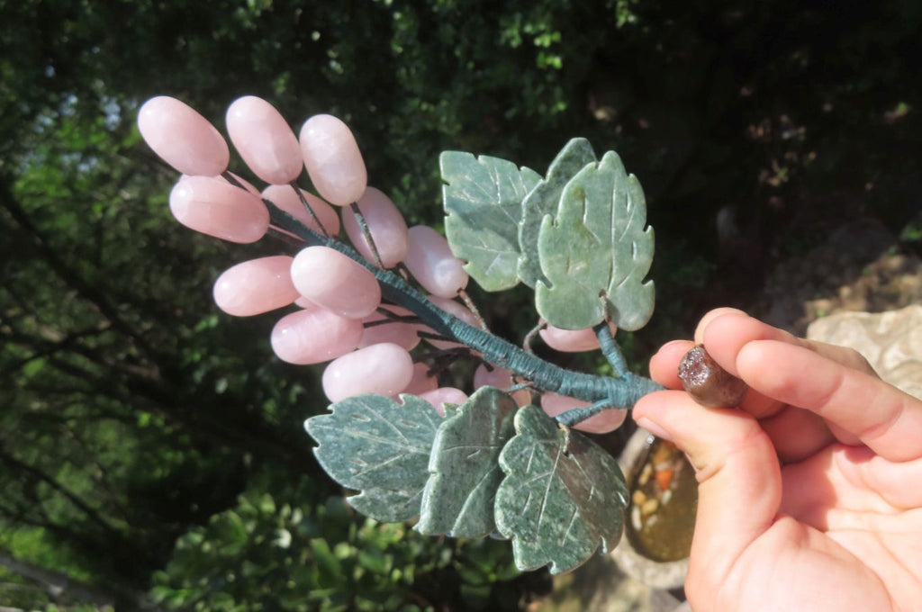 Polished Rose Quartz Hanging Bunch of Grapes with Green Fuchsite Leaves - sold per item - From South Africa - Toprock Gemstones and Minerals 