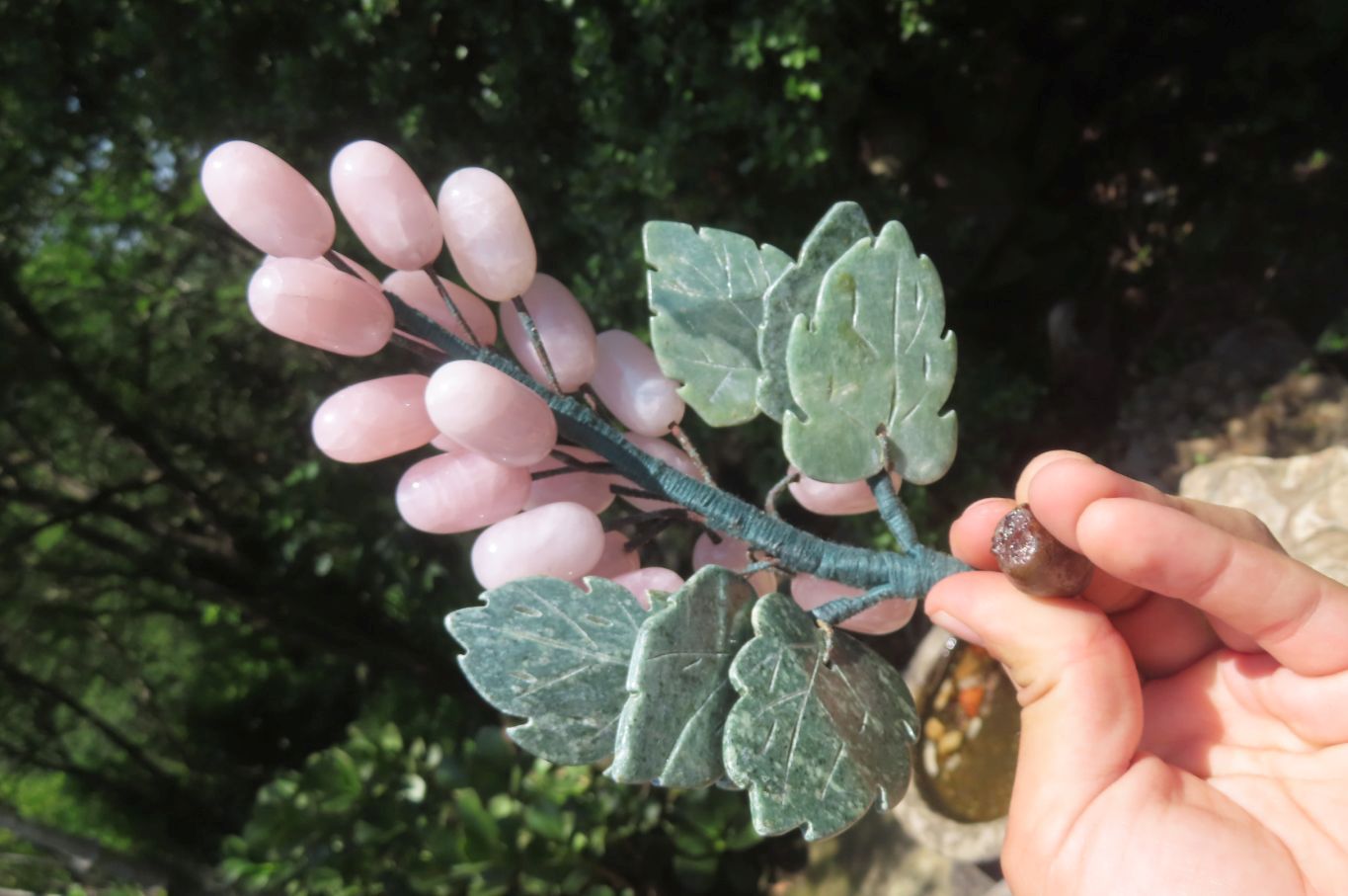 Polished Rose Quartz Hanging Bunch of Grapes with Green Fuchsite Leaves - sold per item - From South Africa - Toprock Gemstones and Minerals 