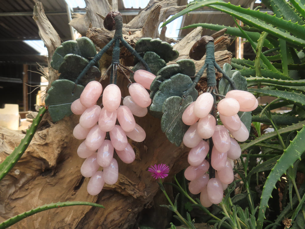 Polished Rose Quartz Hanging Bunch of Grapes with Green Fuchsite Leaves - sold per item - From South Africa - Toprock Gemstones and Minerals 