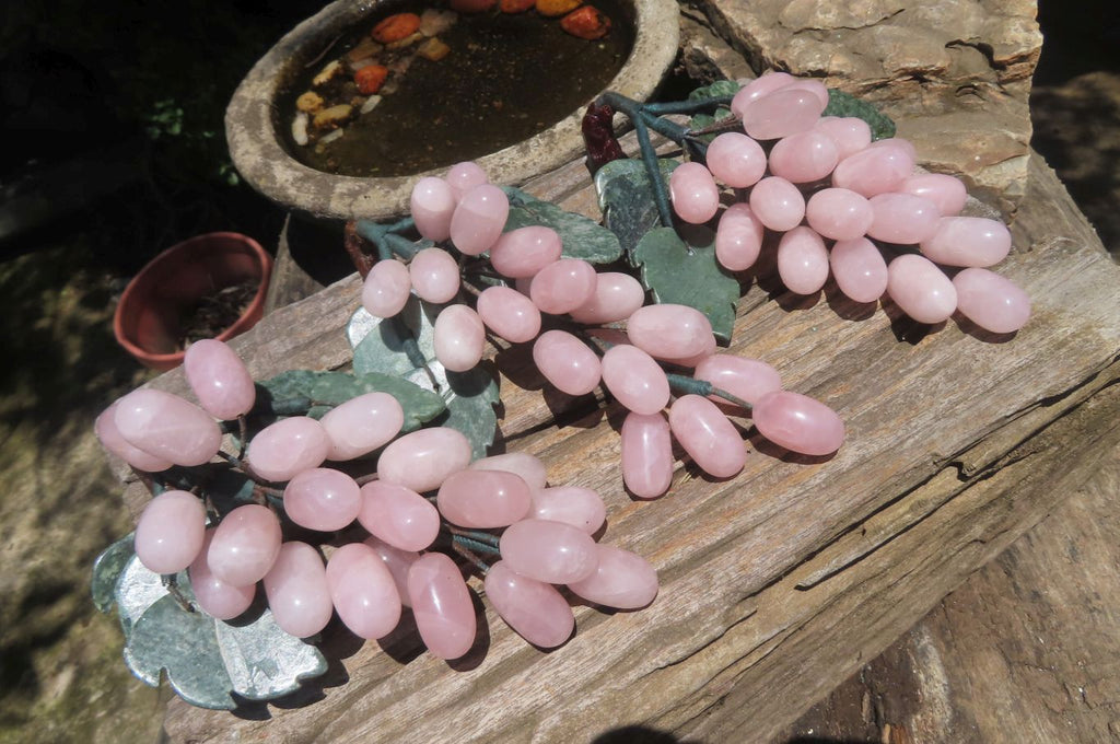 Polished Rose Quartz Hanging Bunch of Grapes with Green Fuchsite Leaves - sold per item - From South Africa - Toprock Gemstones and Minerals 