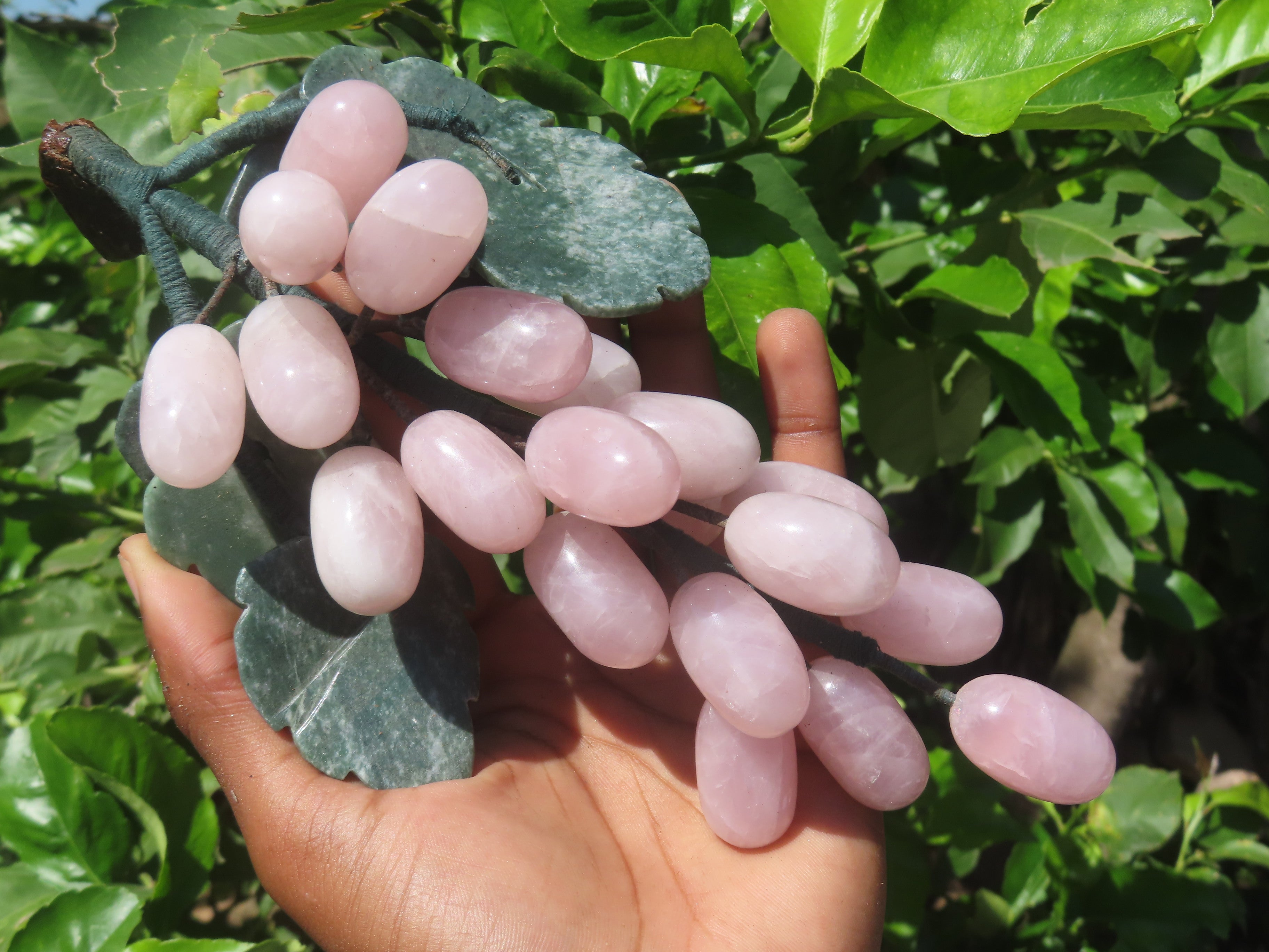 Polished Rose Quartz Hanging Bunch of Grapes with Green Fuchsite Leaves - sold per item - From South Africa - Toprock Gemstones and Minerals 