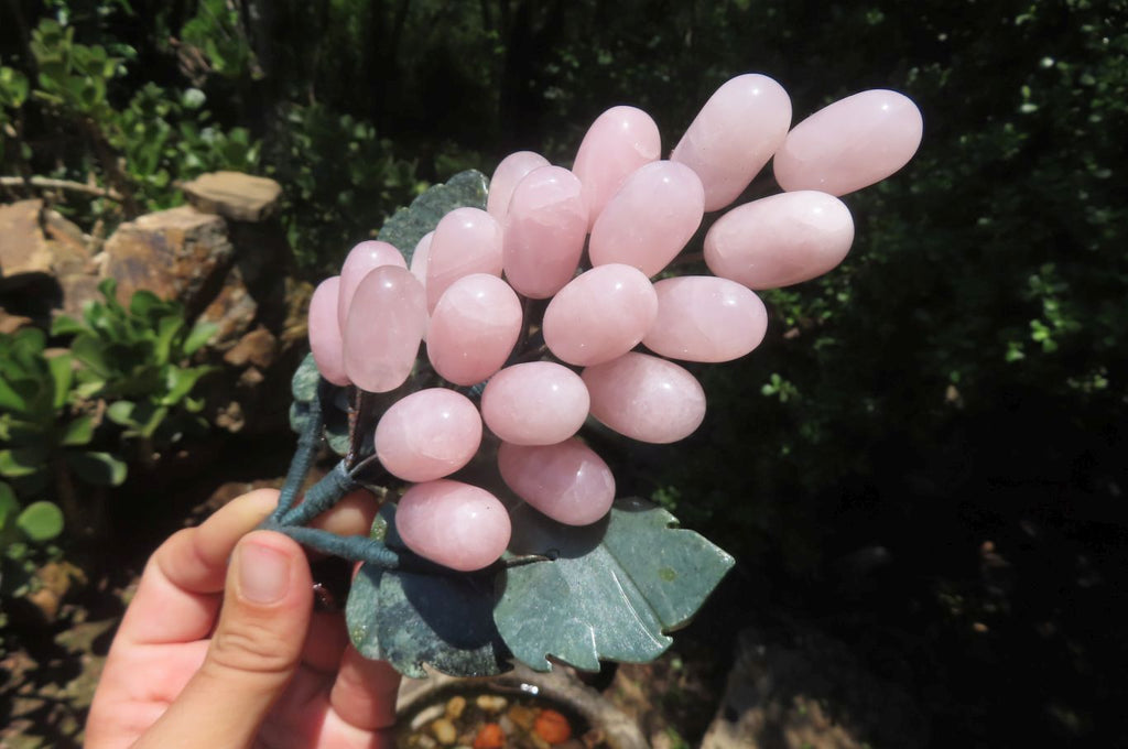 Polished Rose Quartz Hanging Bunch of Grapes with Green Fuchsite Leaves - sold per item - From South Africa - Toprock Gemstones and Minerals 