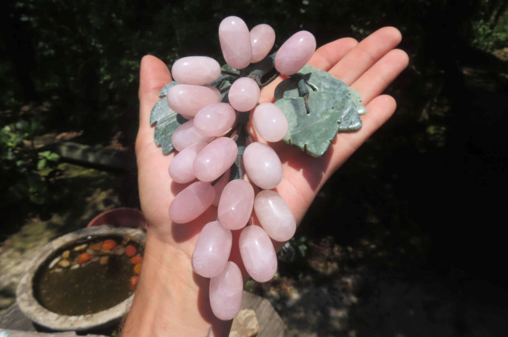 Polished Rose Quartz Hanging Bunch of Grapes with Green Fuchsite Leaves - sold per item - From South Africa - Toprock Gemstones and Minerals 