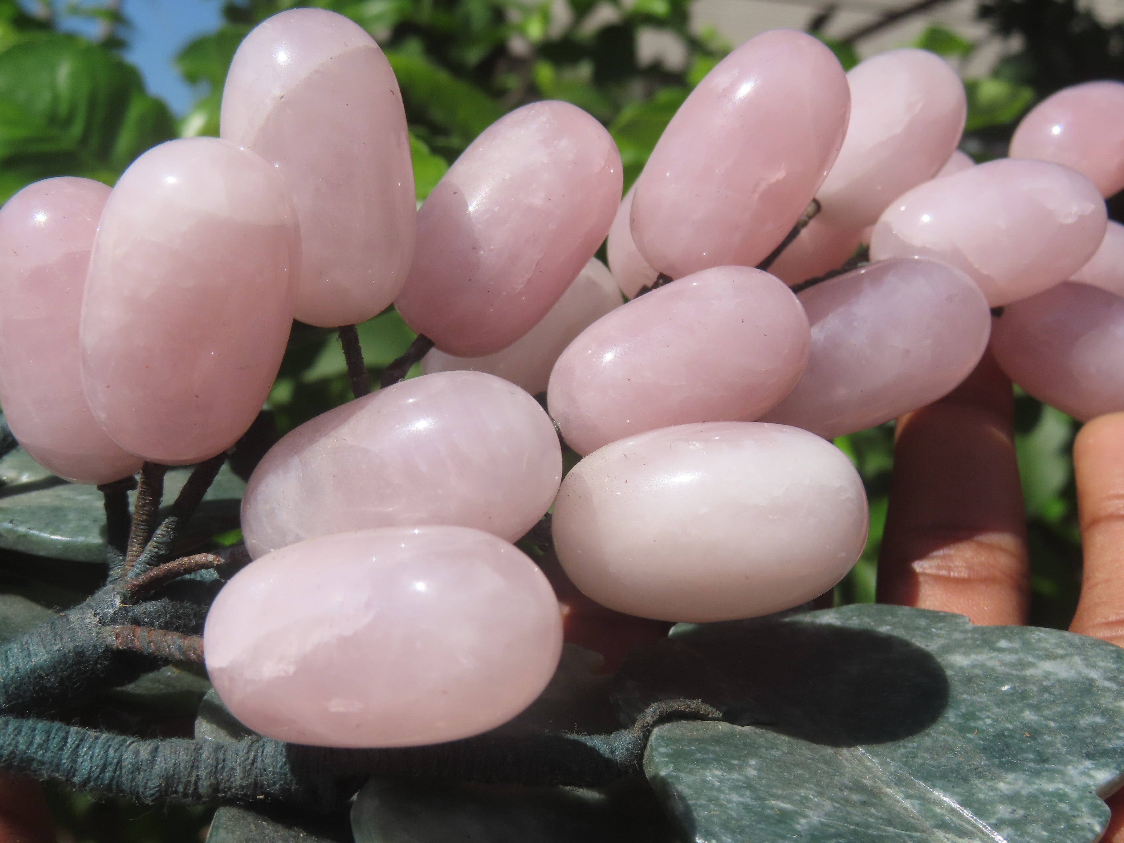 Polished Rose Quartz Hanging Bunch of Grapes with Green Fuchsite Leaves - sold per item - From South Africa - Toprock Gemstones and Minerals 