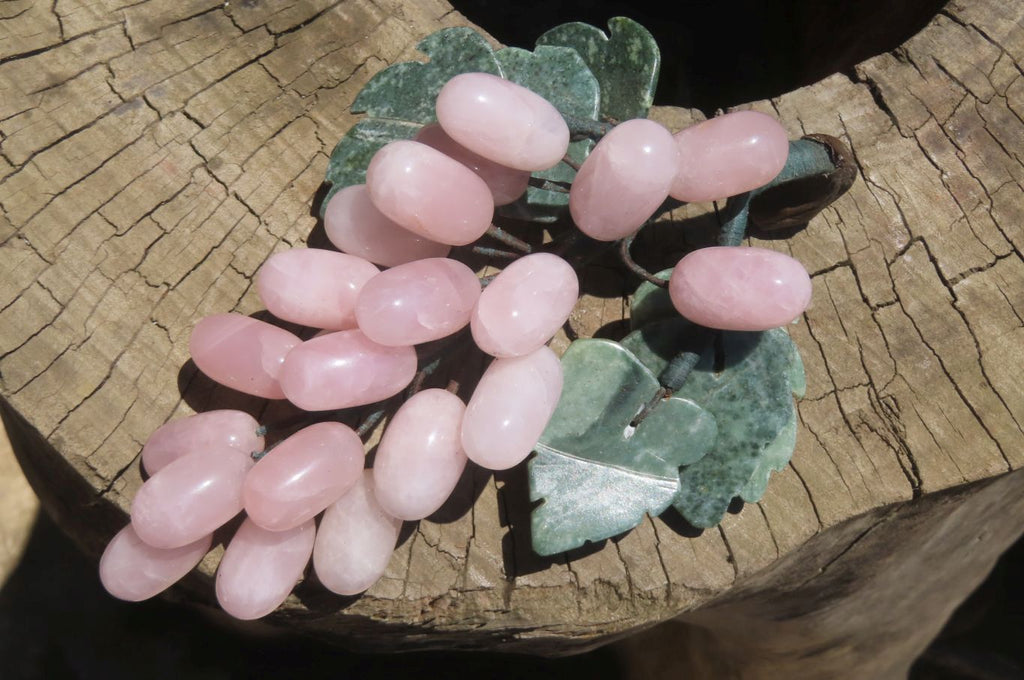 Polished Rose Quartz Hanging Bunch of Grapes with Green Fuchsite Leaves - sold per item - From South Africa - Toprock Gemstones and Minerals 