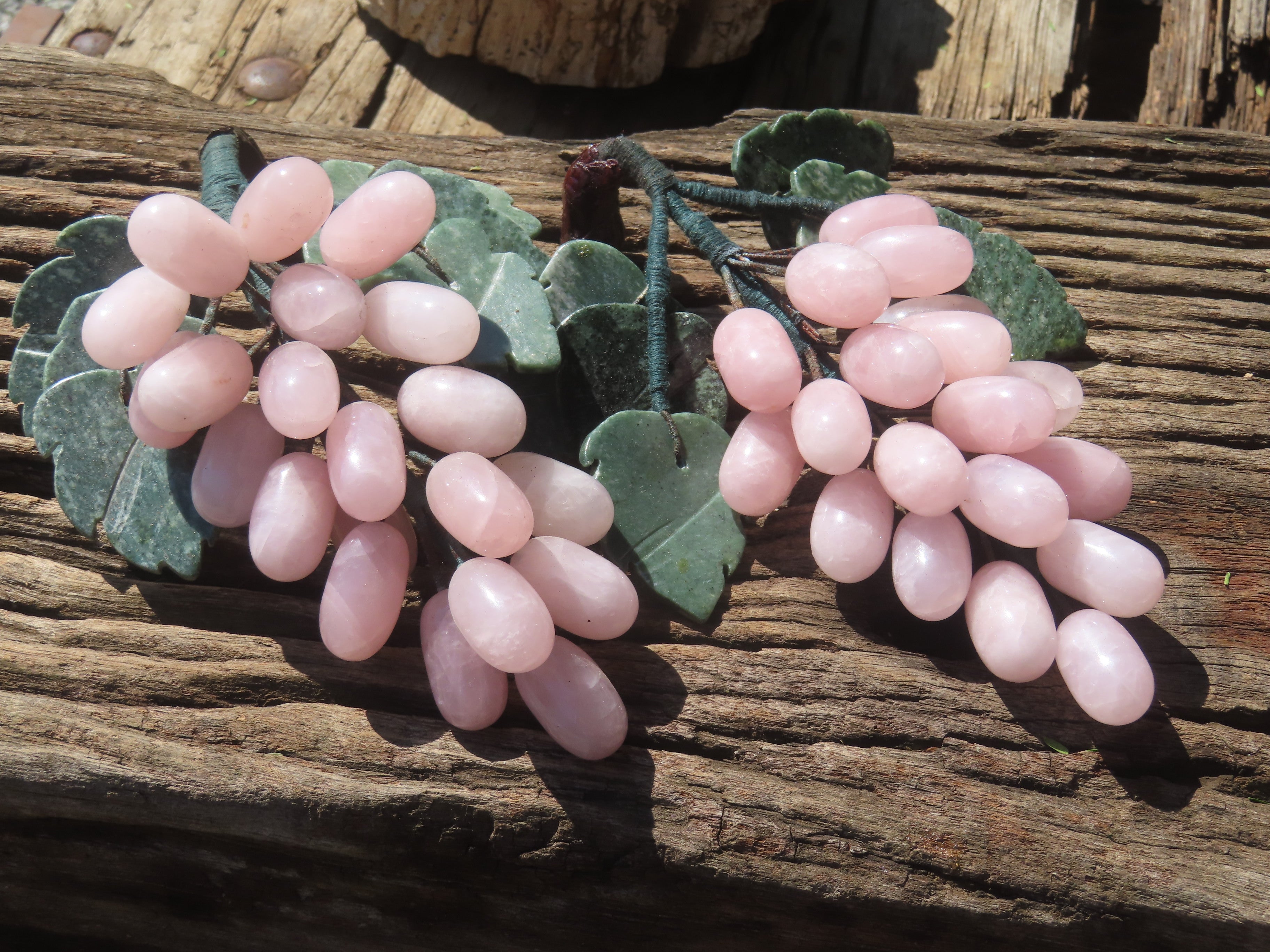 Polished Rose Quartz Hanging Bunch of Grapes with Green Fuchsite Leaves - sold per item - From South Africa - Toprock Gemstones and Minerals 