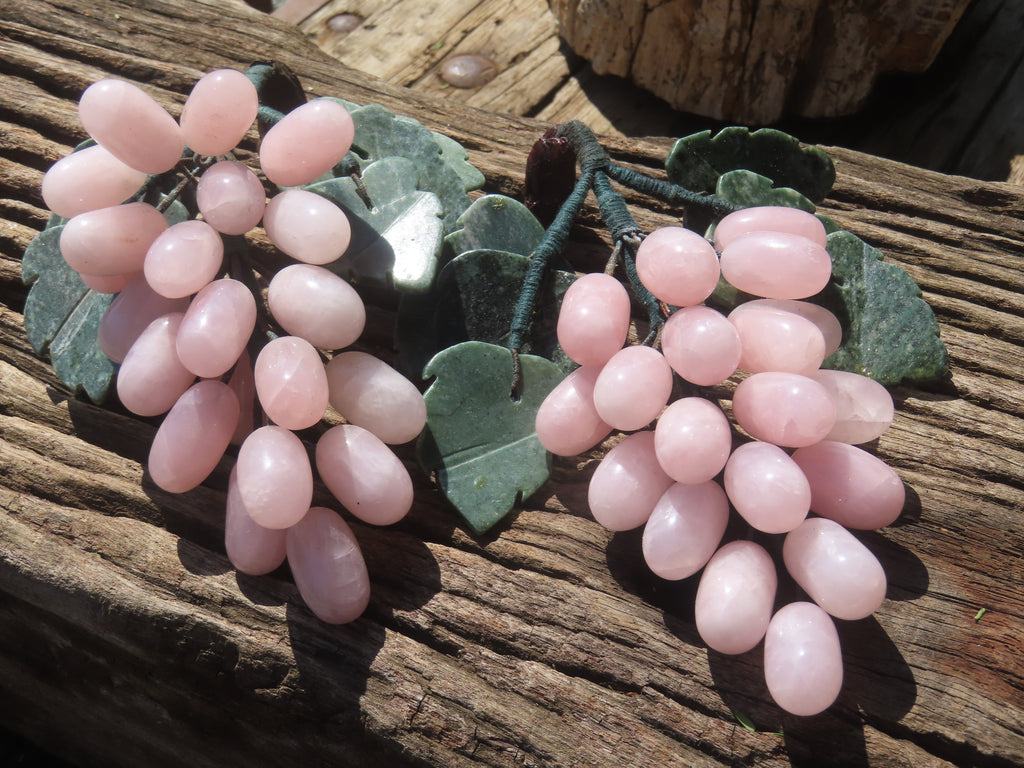 Polished Rose Quartz Hanging Bunch of Grapes with Green Fuchsite Leaves - sold per item - From South Africa - Toprock Gemstones and Minerals 