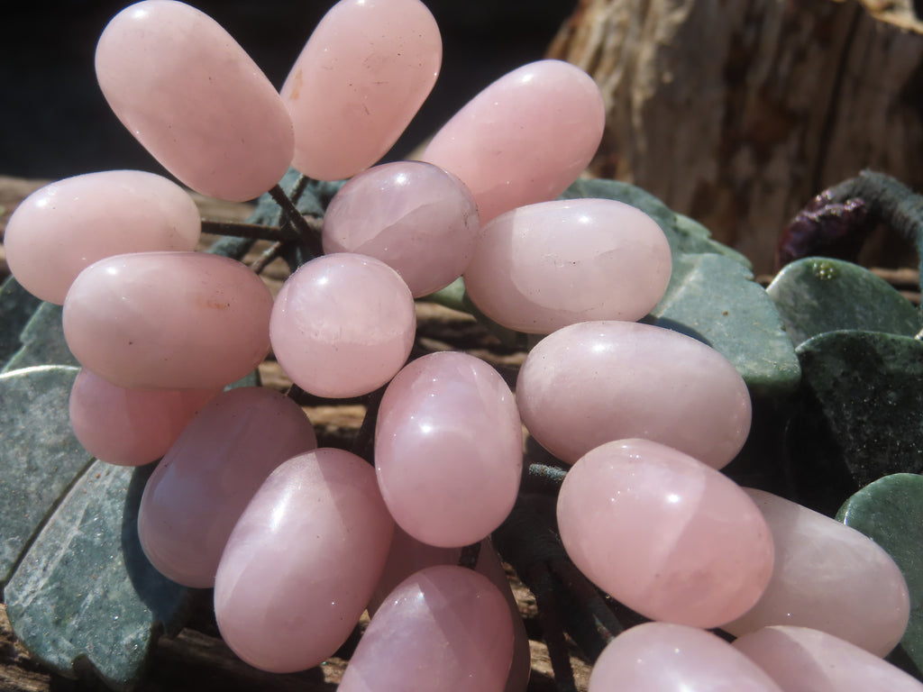 Polished Rose Quartz Hanging Bunch of Grapes with Green Fuchsite Leaves - sold per item - From South Africa - Toprock Gemstones and Minerals 