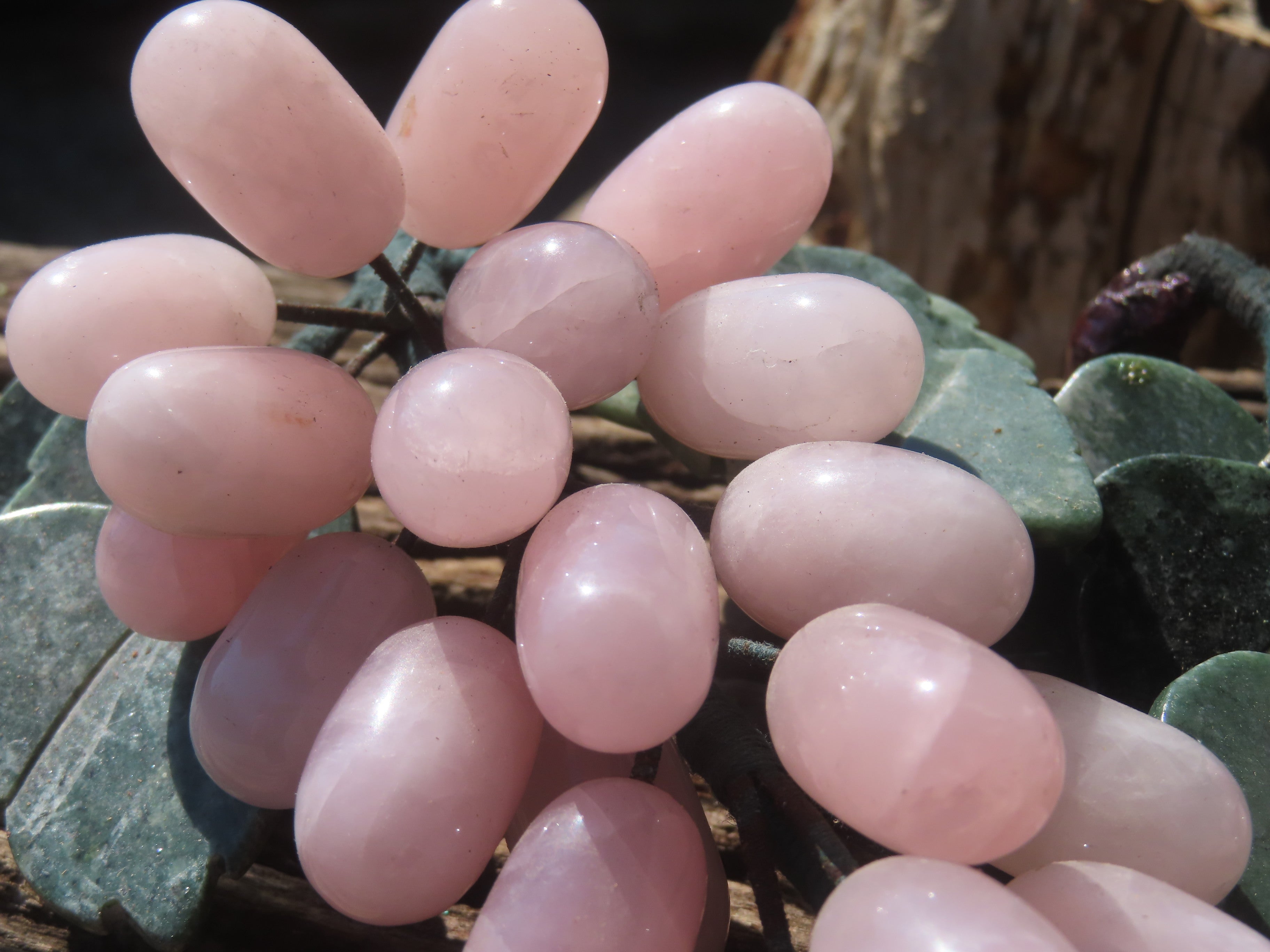 Polished Rose Quartz Hanging Bunch of Grapes with Green Fuchsite Leaves - sold per item - From South Africa - Toprock Gemstones and Minerals 