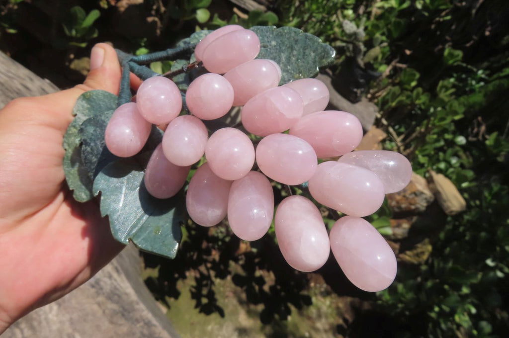 Polished Rose Quartz Hanging Bunch of Grapes with Green Fuchsite Leaves - sold per item - From South Africa - Toprock Gemstones and Minerals 