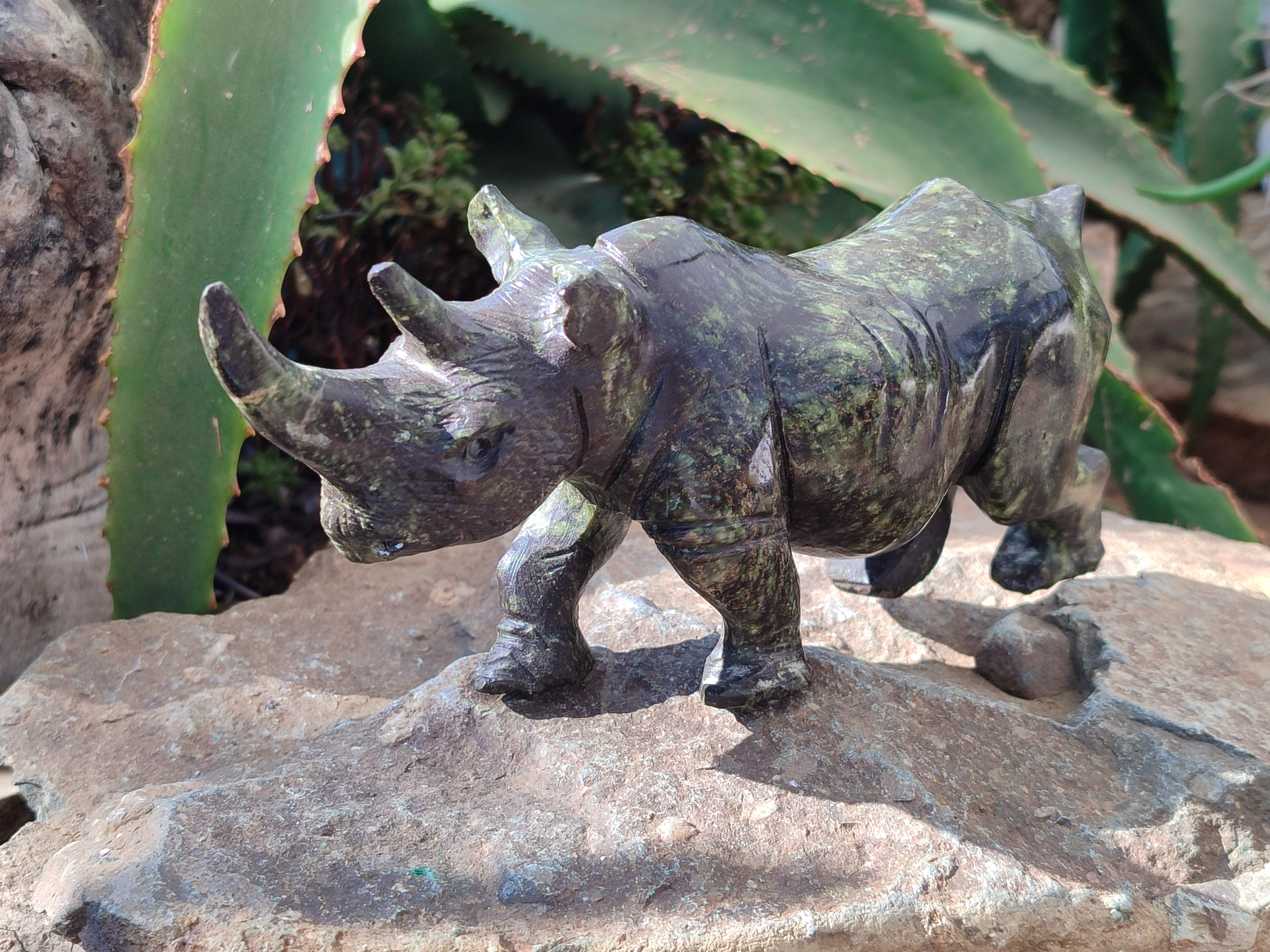 Hand Made Leopard Stone Rhino Carvings x 2 From Zimbabwe - Toprock Gemstones and Minerals 