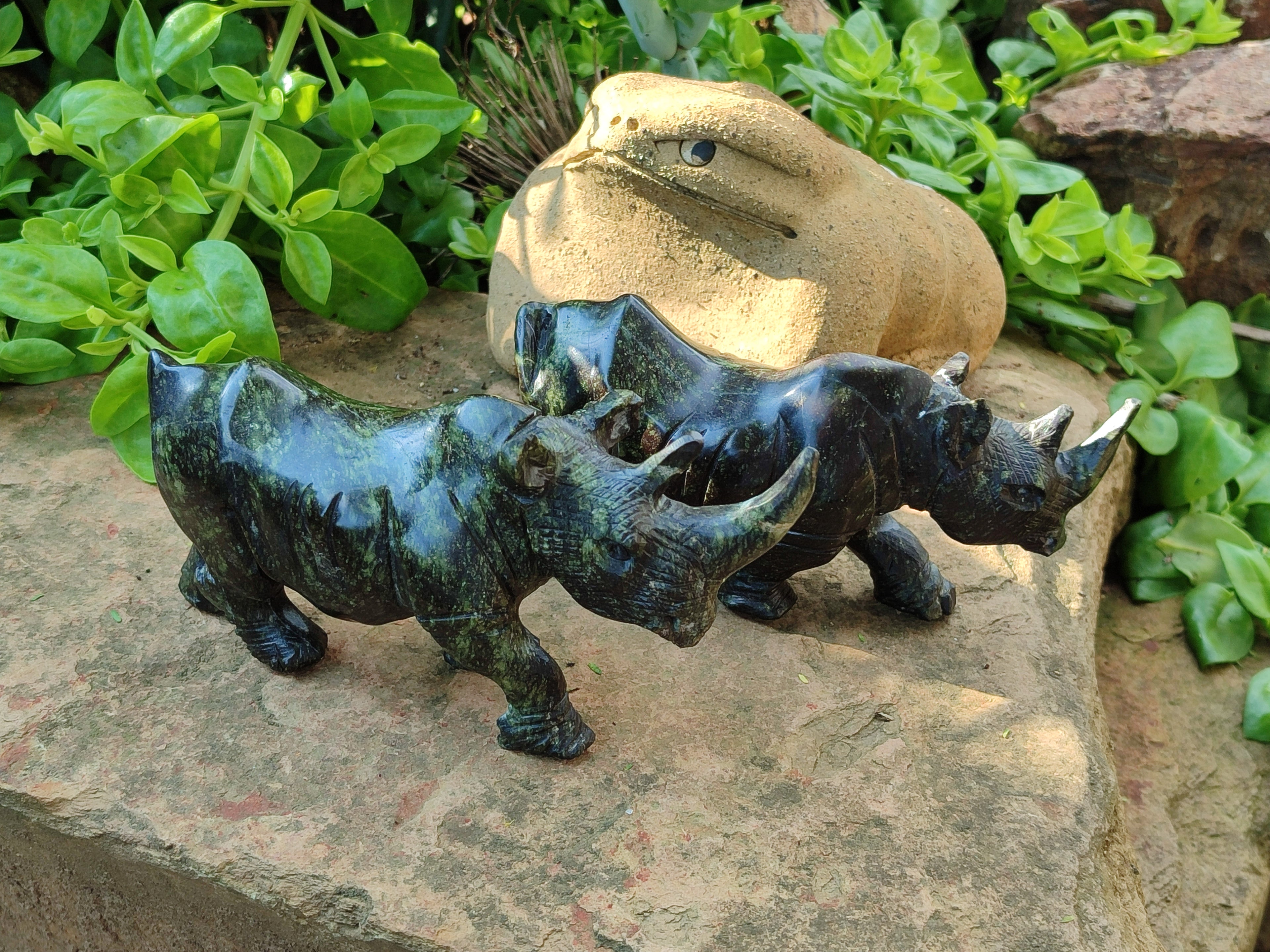Hand Made Leopard Stone Rhino Carvings x 2 From Zimbabwe - Toprock Gemstones and Minerals 