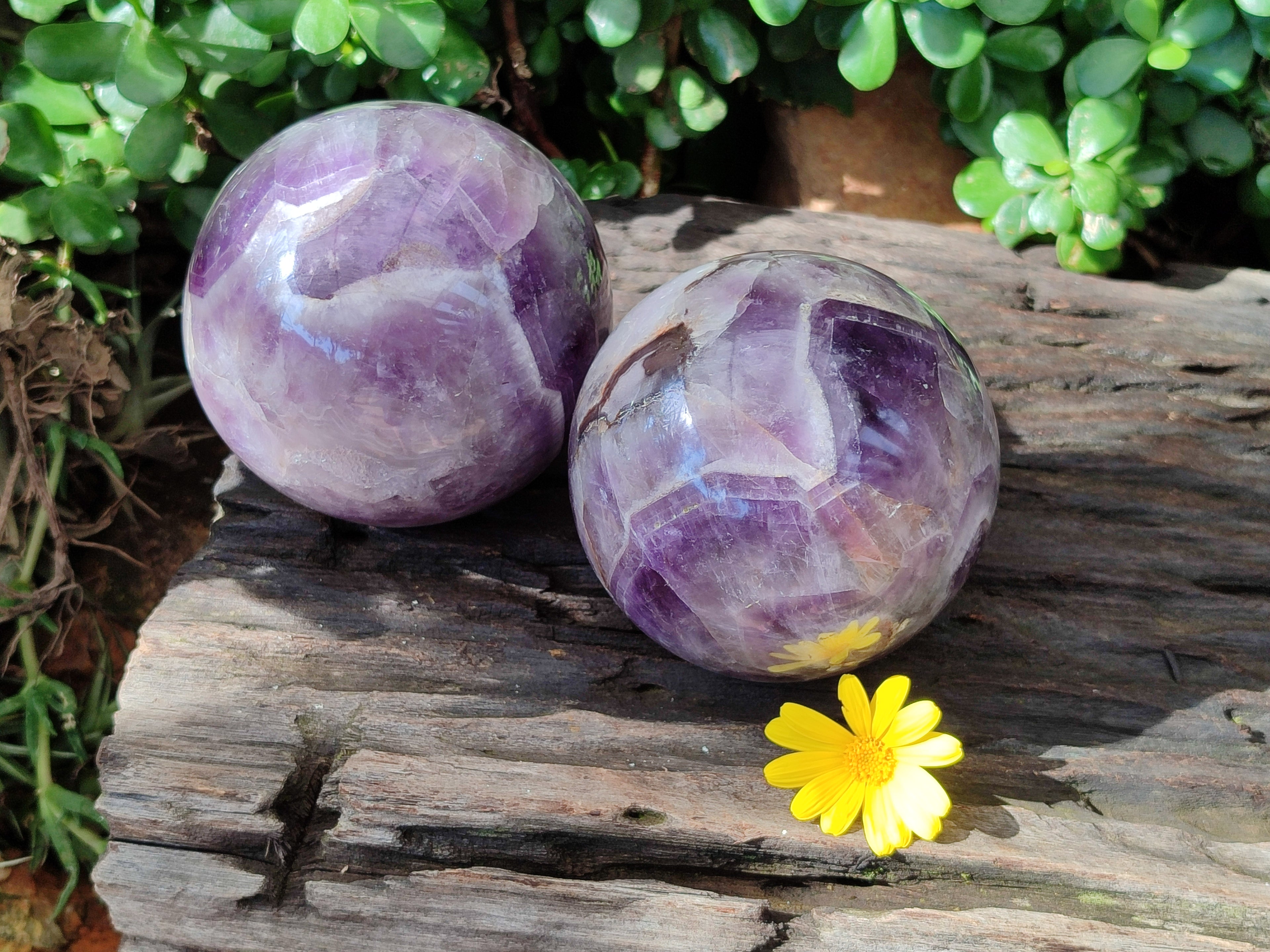 Polished Chevron Amethyst Spheres x 2 From Madagascar - Toprock Gemstones and Minerals 