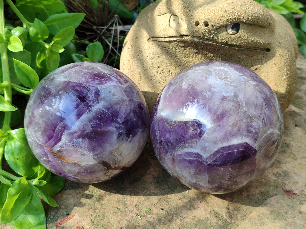 Polished Chevron Amethyst Spheres x 2 From Madagascar - Toprock Gemstones and Minerals 