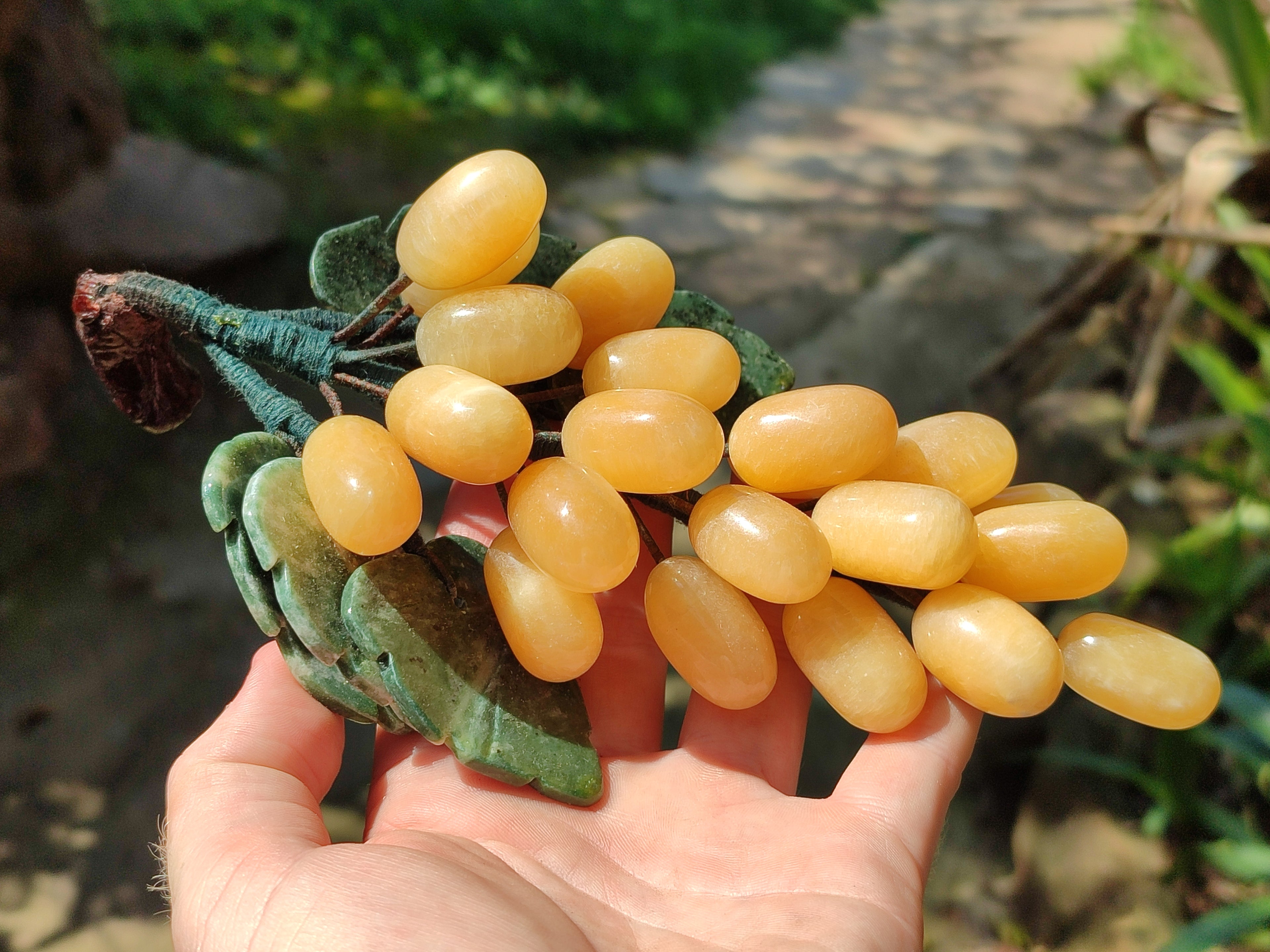 Polished Honey Aragonite Hanging Bunch of Grapes with Green Fuchsite Leaves - sold per item - From Namibia - Toprock Gemstones and Minerals 