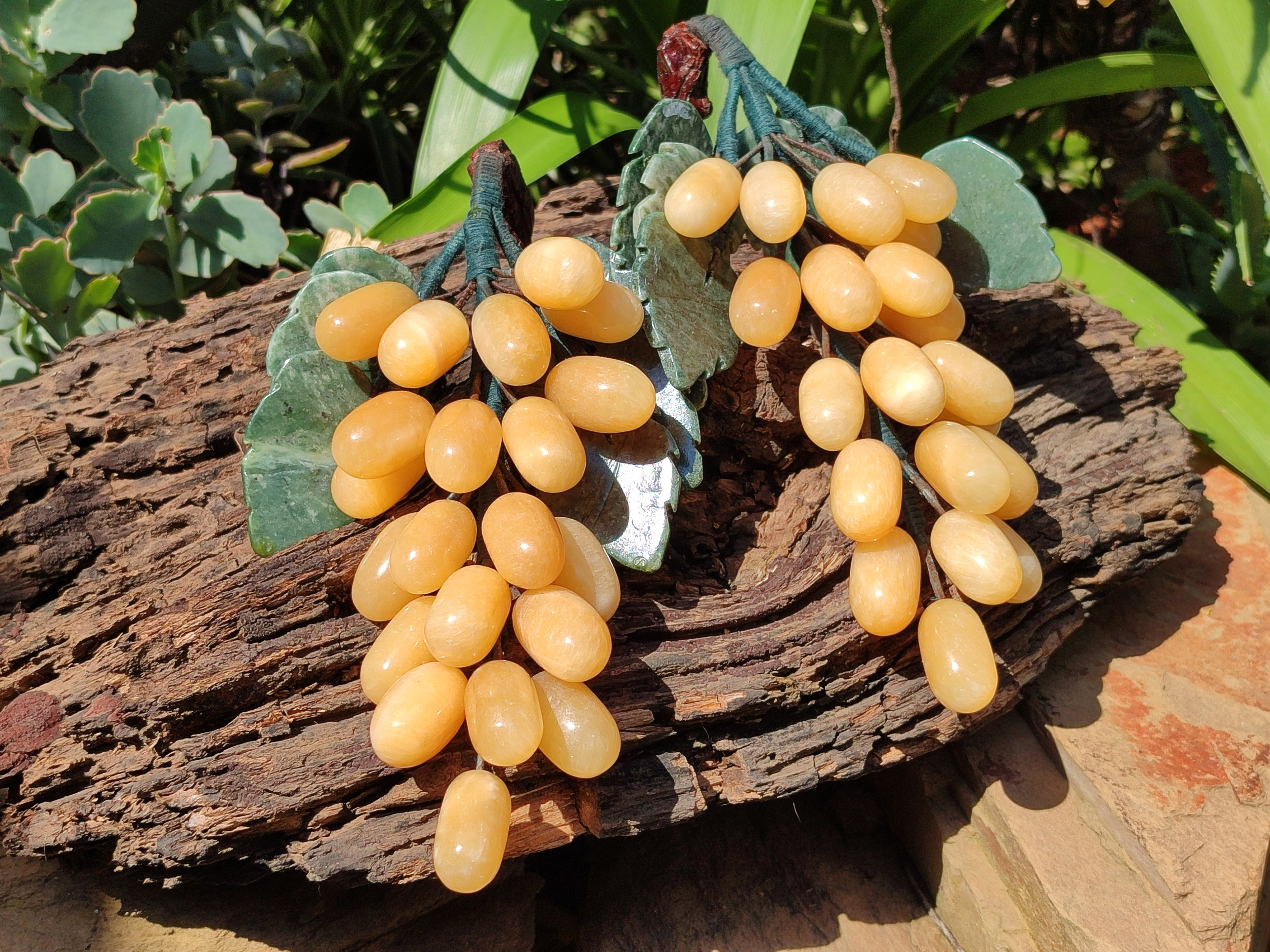 Polished Honey Aragonite Hanging Bunch of Grapes with Green Fuchsite Leaves - sold per item - From Namibia - Toprock Gemstones and Minerals 