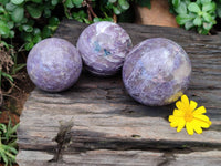 Polished Lepidolite with Pink Rubellite Spheres x 3 From Ambatondrazaka, Madagascar - Toprock Gemstones and Minerals 