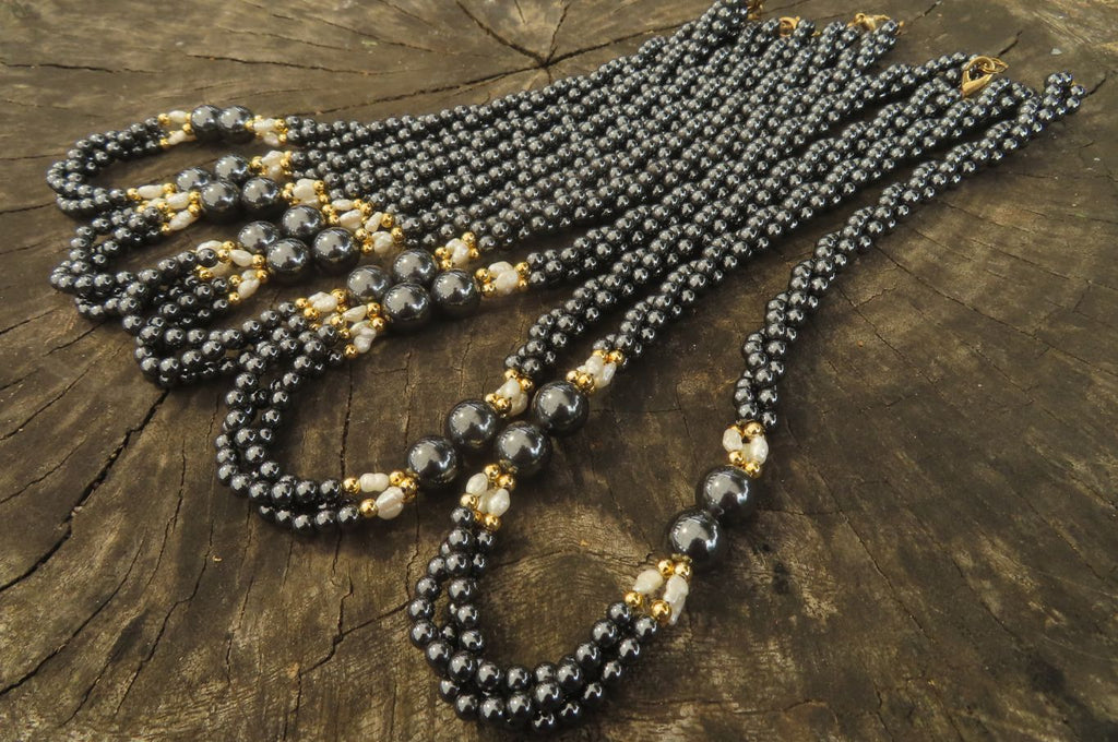 Polished Silver Hematite and Freshwater Pearl Triple Twisted Beaded Necklace - Sold Per Item - From China - Toprock Gemstones and Minerals 