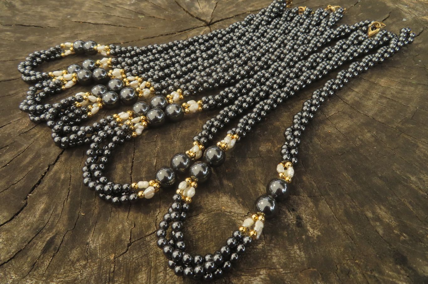 Polished Silver Hematite and Freshwater Pearl Triple Twisted Beaded Necklace - Sold Per Item - From China - Toprock Gemstones and Minerals 