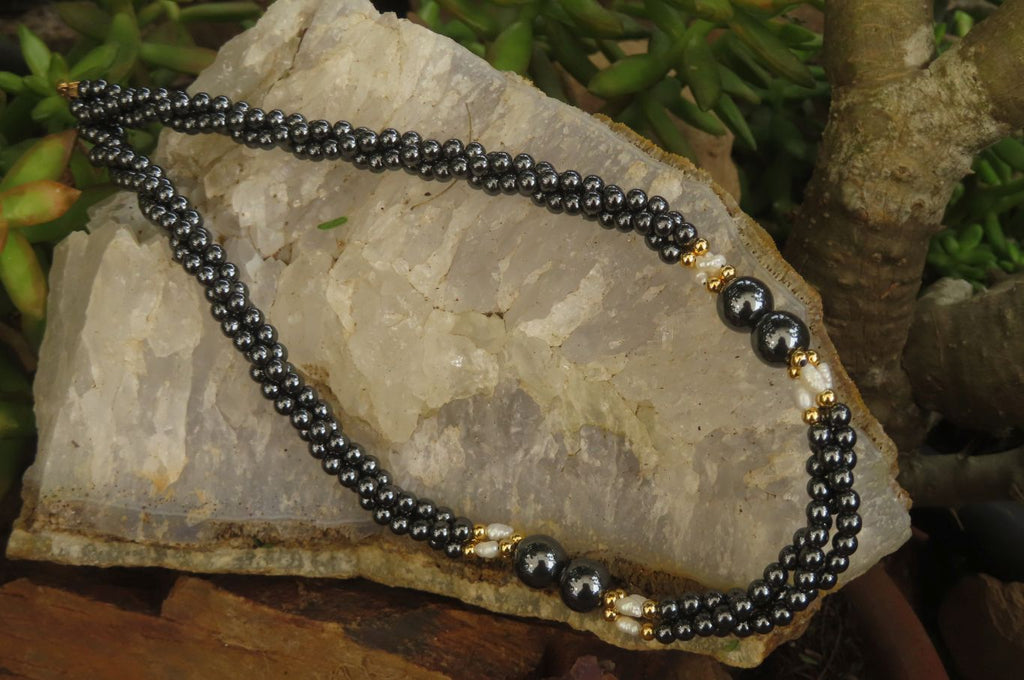 Polished Silver Hematite and Freshwater Pearl Triple Twisted Beaded Necklace - Sold Per Item - From China - Toprock Gemstones and Minerals 