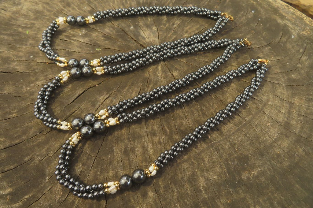 Polished Silver Hematite and Freshwater Pearl Triple Twisted Beaded Necklace - Sold Per Item - From China - Toprock Gemstones and Minerals 