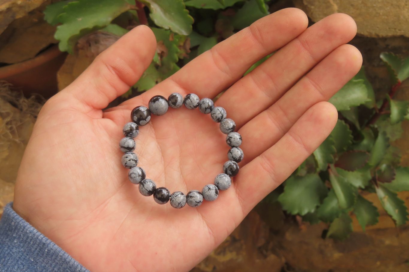 Polished Snowflake Obsidian Beaded Clip On Bracelet  - sold per Pair - From Mexico - Toprock Gemstones and Minerals 