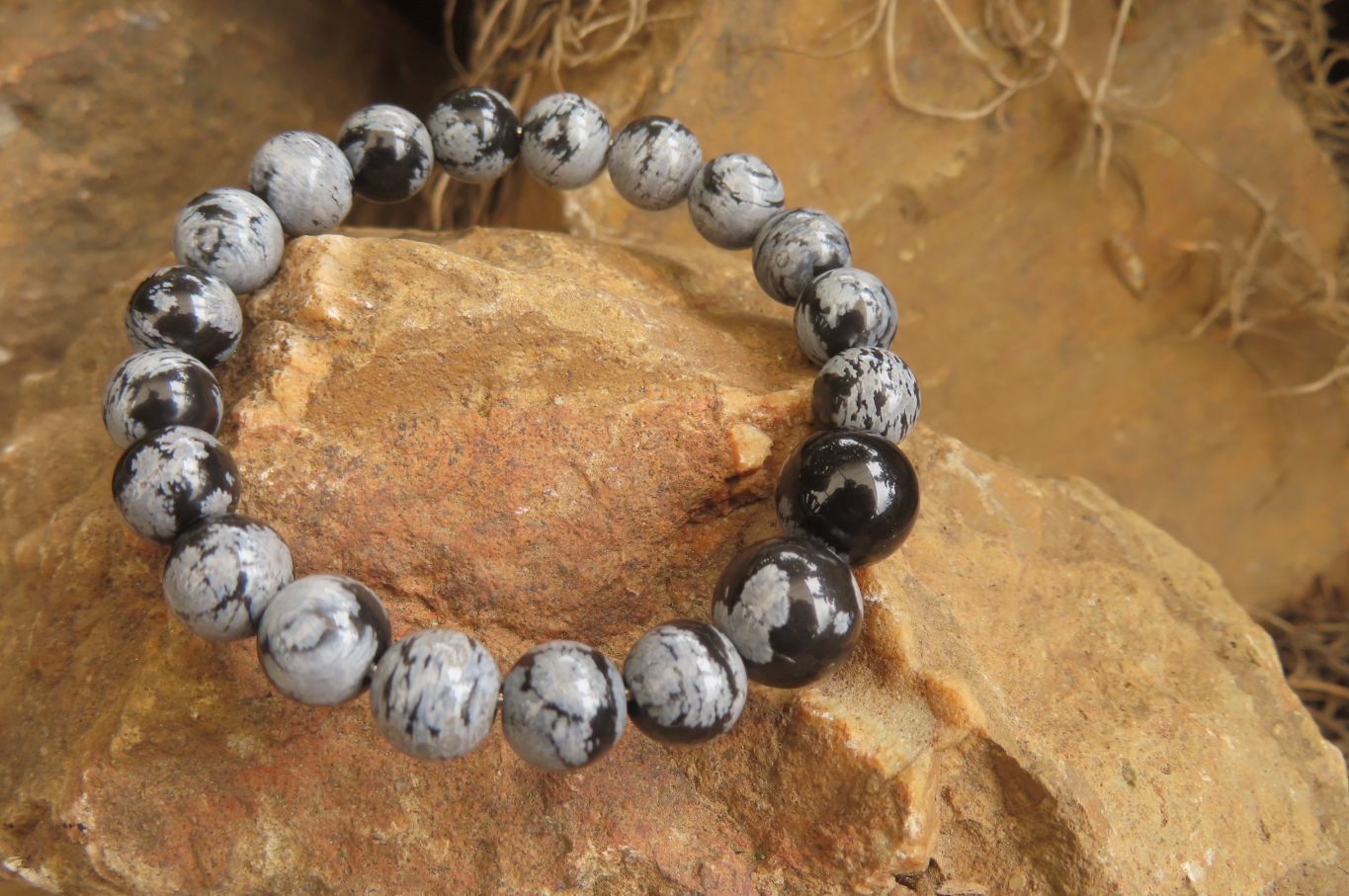 Polished Snowflake Obsidian Beaded Clip On Bracelet  - sold per Pair - From Mexico - Toprock Gemstones and Minerals 