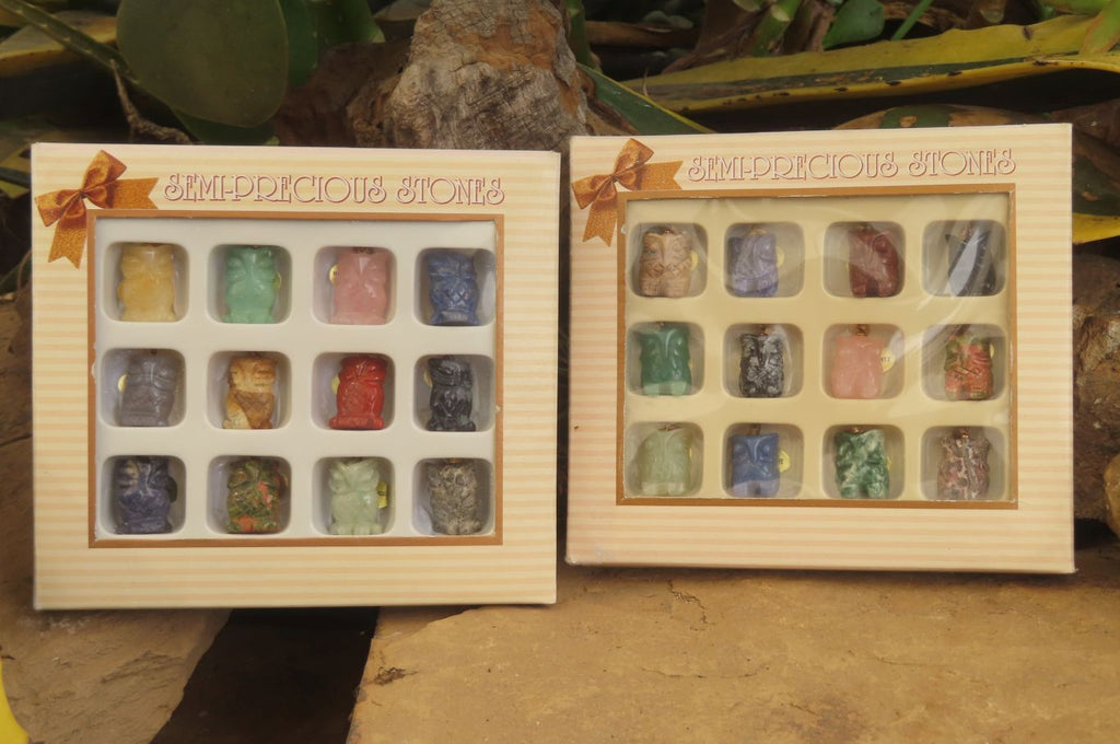 Hand Made Mixed Box Set of 12 Gemstone Owl Pendants with Gold Clasp - Sold Per Box - From Southern Africa - Toprock Gemstones and Minerals 