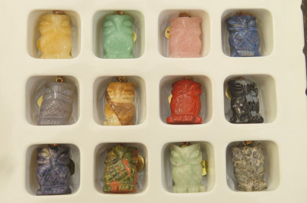 Hand Made Mixed Box Set of 12 Gemstone Owl Pendants with Gold Clasp - Sold Per Box - From Southern Africa - Toprock Gemstones and Minerals 