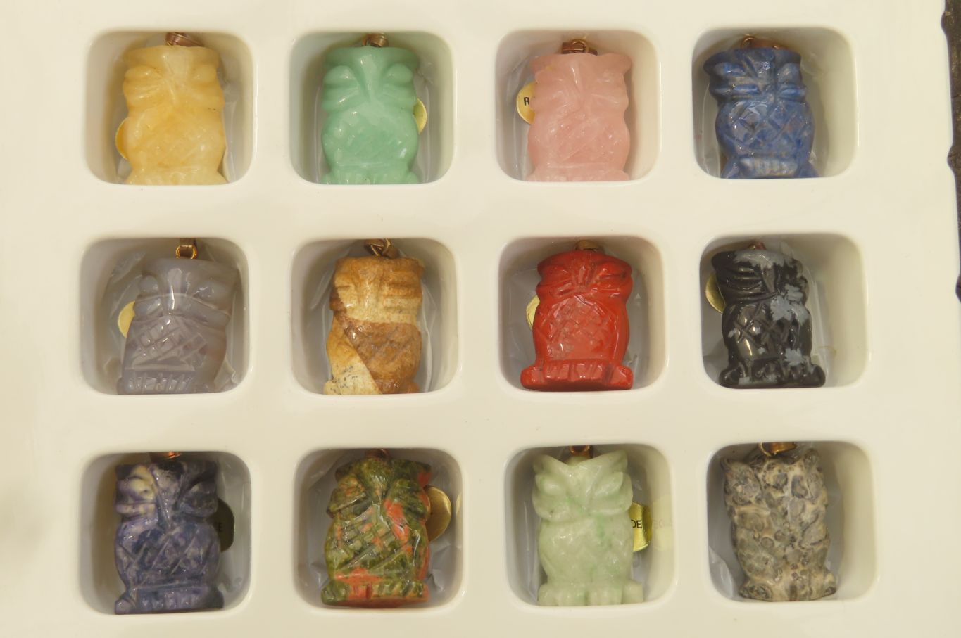 Hand Made Mixed Box Set of 12 Gemstone Owl Pendants with Gold Clasp - Sold Per Box - From Southern Africa - Toprock Gemstones and Minerals 