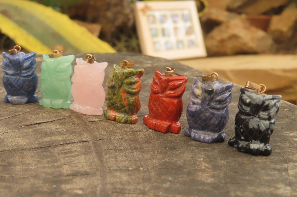 Hand Made Mixed Box Set of 12 Gemstone Owl Pendants with Gold Clasp - Sold Per Box - From Southern Africa - Toprock Gemstones and Minerals 