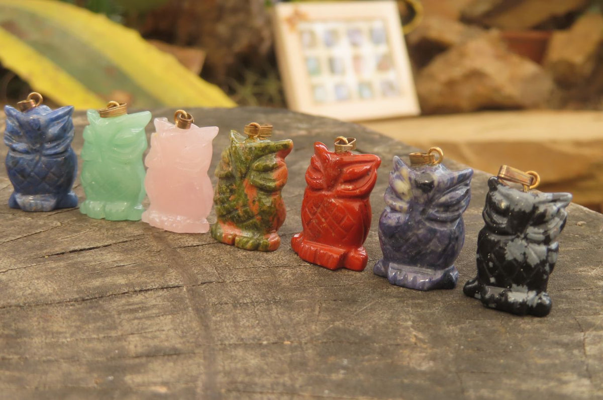 Hand Made Mixed Box Set of 12 Gemstone Owl Pendants with Gold Clasp - Sold Per Box - From Southern Africa - Toprock Gemstones and Minerals 