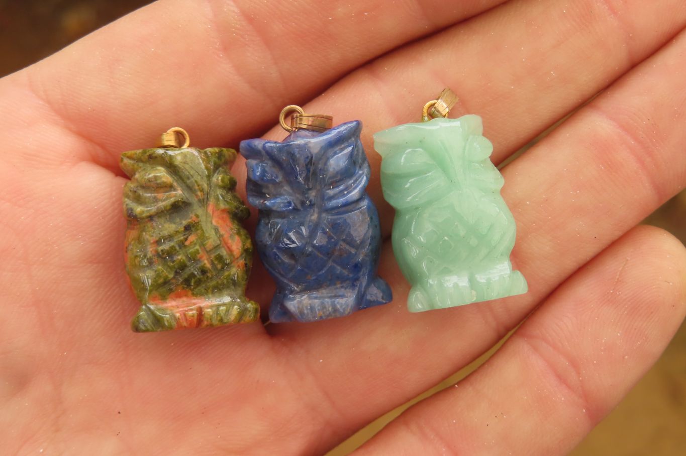 Hand Made Mixed Box Set of 12 Gemstone Owl Pendants with Gold Clasp - Sold Per Box - From Southern Africa - Toprock Gemstones and Minerals 