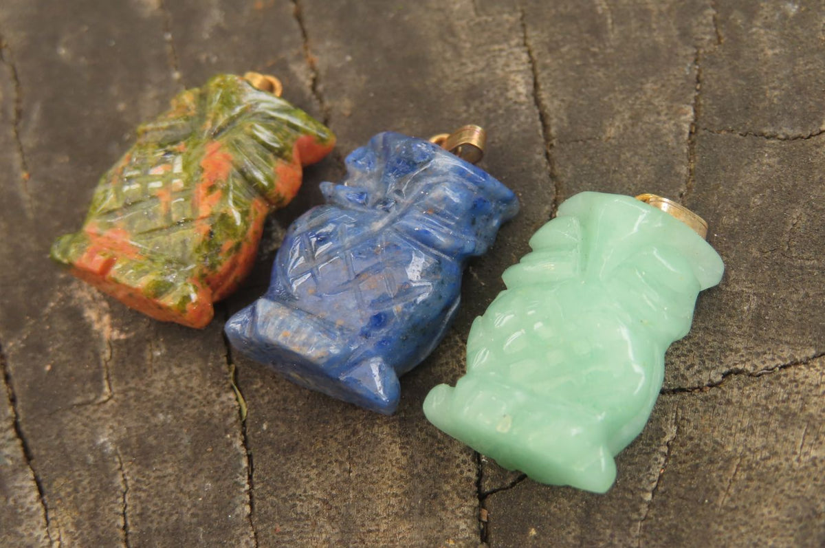 Hand Made Mixed Box Set of 12 Gemstone Owl Pendants with Gold Clasp - Sold Per Box - From Southern Africa - Toprock Gemstones and Minerals 