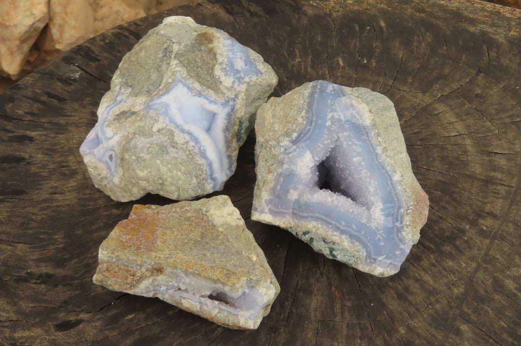 Natural Blue Lace Agate Geode Specimens x 3 From Nsanje, Malawi - Toprock Gemstones and Minerals 
