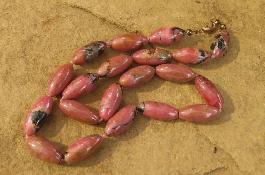 Polished Pink Rhodonite Barrel Shaped Beaded Necklace - Sold Per Item - From Madagascar - Toprock Gemstones and Minerals 