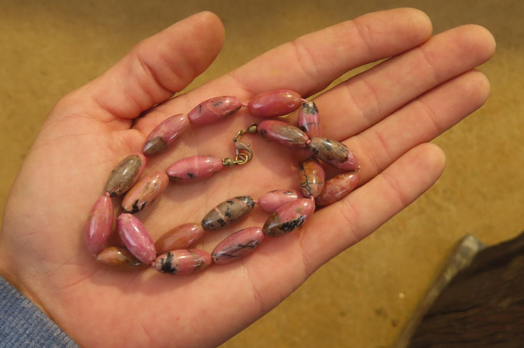 Polished Pink Rhodonite Barrel Shaped Beaded Necklace - Sold Per Item - From Madagascar - Toprock Gemstones and Minerals 